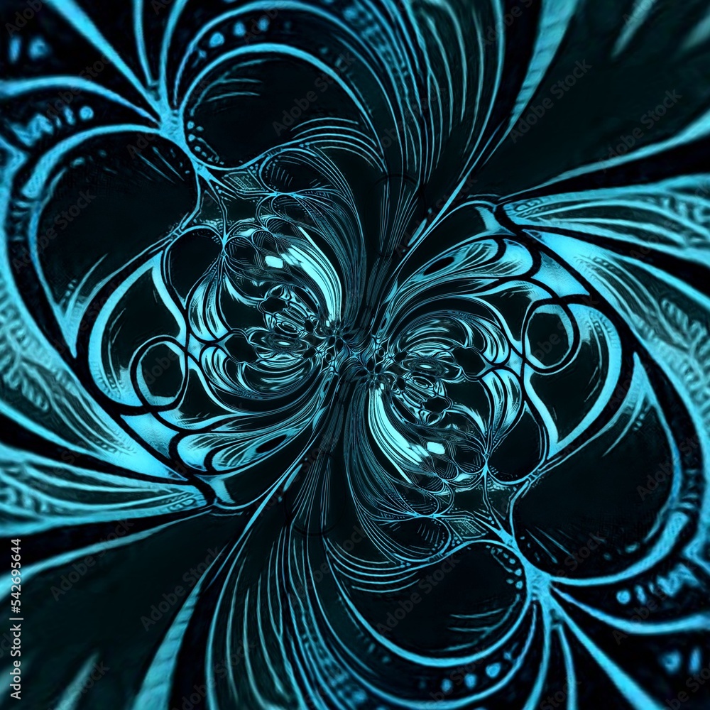 Poster kaleidoscopic cyclone pattern and design in a range of turquoise and light bright blue