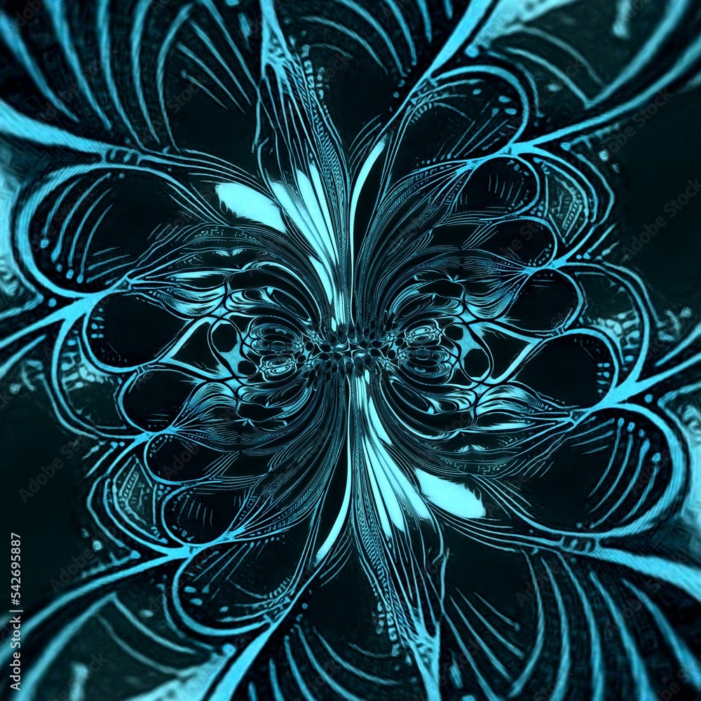 Poster kaleidoscopic cyclone pattern and design in a range of turquoise and light bright blue