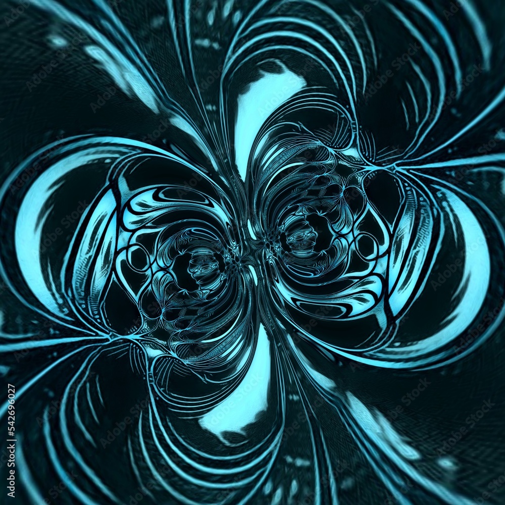 Poster kaleidoscopic cyclone pattern and design in a range of turquoise and light bright blue