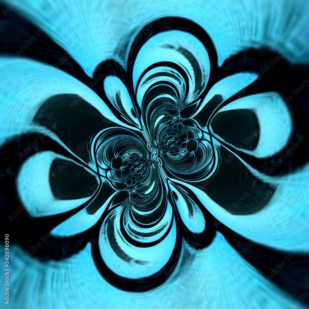 Poster kaleidoscopic cyclone pattern and design in a range of turquoise and light bright blue