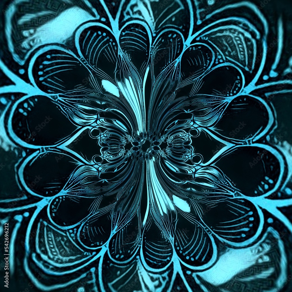 Poster kaleidoscopic cyclone pattern and design in a range of turquoise and light bright blue