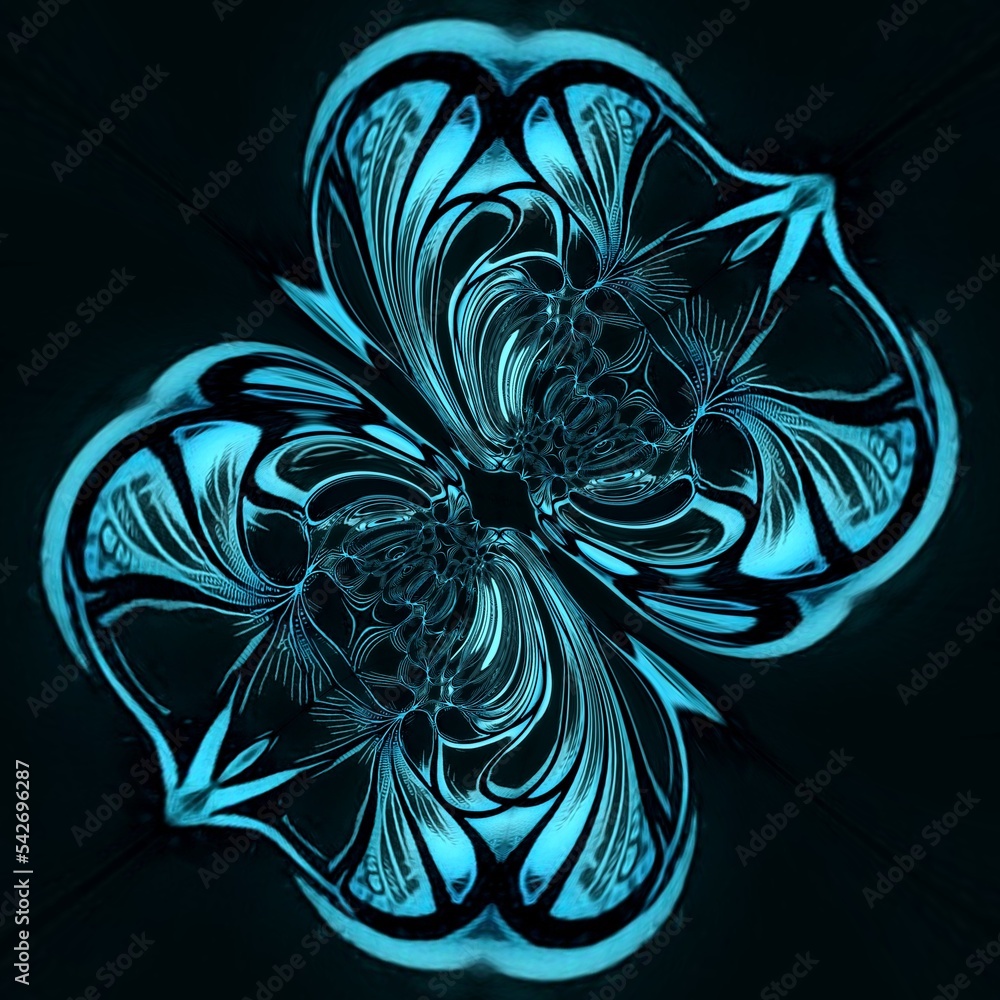Poster kaleidoscopic cyclone pattern and design in a range of turquoise and light bright blue