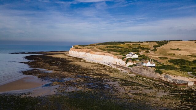 Drone View Of Cuckmere Haven Beach On A Sunny Day In The UK