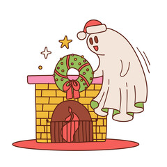 Christmas spirit hanging decorated xmas wreath on fireplace for family winter holidays, x-mas eve and new year. Cartoon groovy retro contour vector illustration