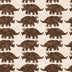 Hand drawn triceratops dinosaur seamless pattern. Gender Neutral Jurassic fossil silhouette for baby nursery. Gender neutral home decor for museum, extinction and textile design.  © Leah