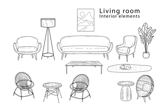Sketches of furniture for the living room with wicker chairs, hand-drawn in the Art Nouveau and vintage style, boho monochrome. Vector illustration