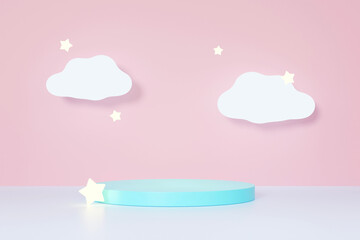 3D rendering pastel blue stand with clouds, moon and glowing stars on sweet pink sky background, cartoon style for kid, children or nighttime product presentation.