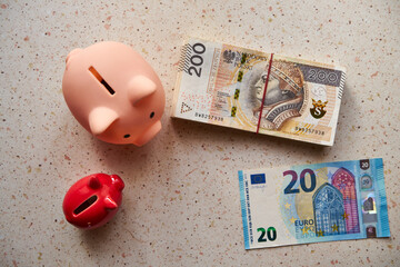 świnka skarbonka , 20 euro ,banknoty 200 złotowe  © Marcin Łazarczyk