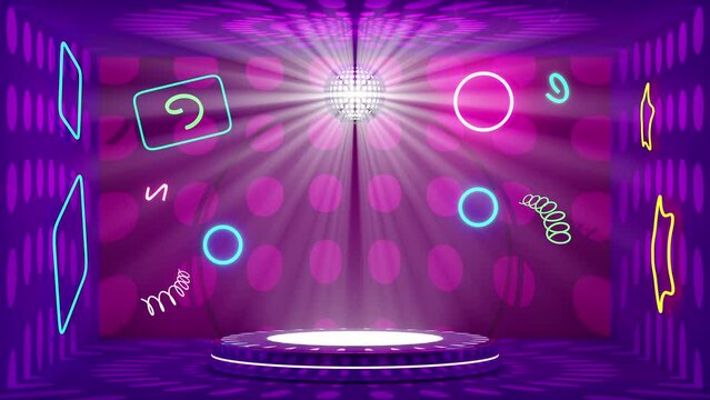3d cylinder stage podium empty in room with neon, ball disco lights, abstract geometric cosmetic showcase pedestal purple, violet background. mockup modern scene, 3d animation