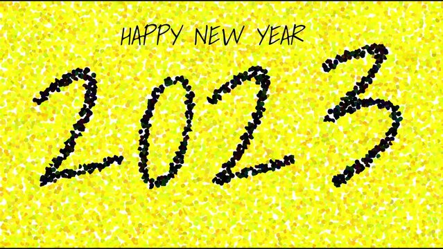 Word text Happy New Year 2023 isolated on yellow background. Pixelate pointillize effect. Stop motion animation
