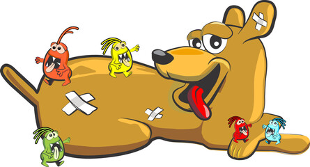 Dog with fleas - illustration,
A funny dog and a scary army of fleas