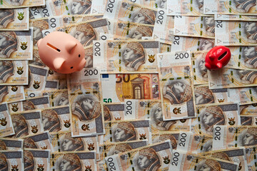 świnka skarbonka , 50 euro ,banknoty 200 złotowe  - obrazy, fototapety, plakaty