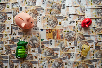 świnka skarbonka , 50 euro ,banknoty 200 złotowe  © Marcin Łazarczyk