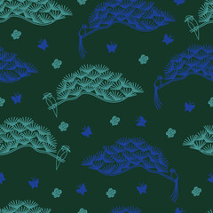 Bottle Green background, blue and green trees, birds, butterflies and flowers seamless pattern background.  Perfect for fabric, scrapbooking, quilting, wallpaper and many more projects.