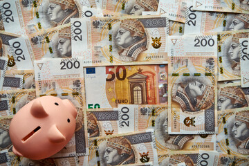 świnka skarbonka , 50 euro ,banknoty 200 złotowe  - obrazy, fototapety, plakaty