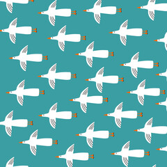 Flying white seagulls on blue background