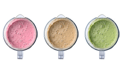 Set of colorful smoothies and shakes from healthy vegetables and fruits, foam, top view, isolated on white