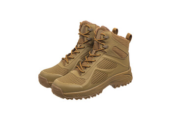 Modern army combat boots. New desert beige shoes. Isolate on a white back.