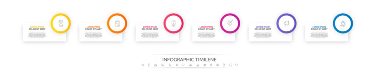 Fototapeta na wymiar Modern vector infographics design template. Concept with six steps, labels. Creative timeline with graph elements, percentage circles and icons. Performance analysis in percent