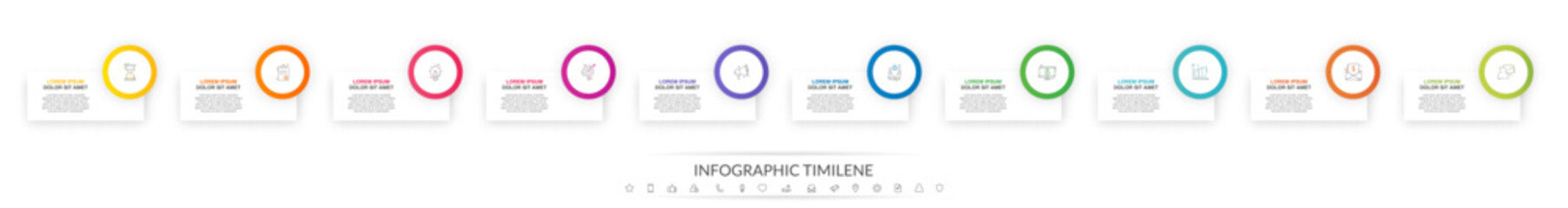 Modern vector infographics design template. Concept with 10 steps, labels. Creative timeline with graph elements, percentage circles and icons. Performance analysis in percent