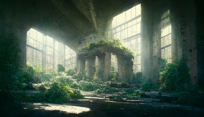 イラスト 廃墟 蔦 荒廃 ビル 幻想 人工物 ビル