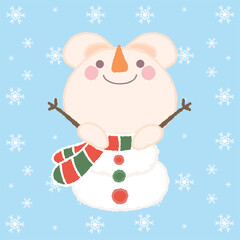 Cute fluffy rabbit in snowman costume with scarf, buttons, sticks and carrot nose. Hand drawn vector illustration in crayon colored style isolated on white snow flake and blue background.