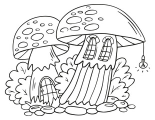 Mushroom village illustrations to color for kids and adults. Simple coloring page.