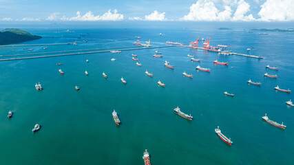 Oil Crude Gas Tanker Ship, Cargo container Ship offshore mooring at Ocean Bay Petroleum Chemical...
