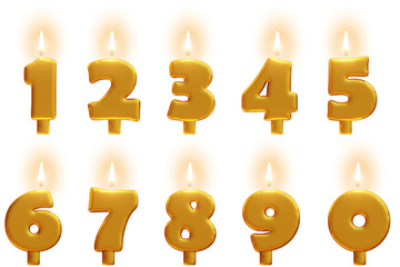 Set of  golden Birthday number candles. 3D render