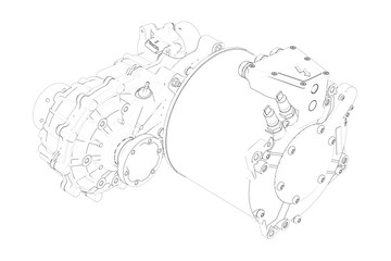 Electric vehicle engine in black and white 3D illustration isolated on white background