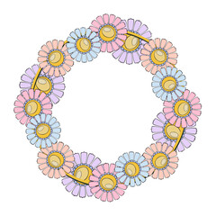 Fototapeta na wymiar Round decorative frame, copy space, delicate chamomile flowers in pastel colors, vector