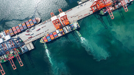 Cargo container Ship running to Bridge Cargo Shipyard Container ship under the crane Sea Port...