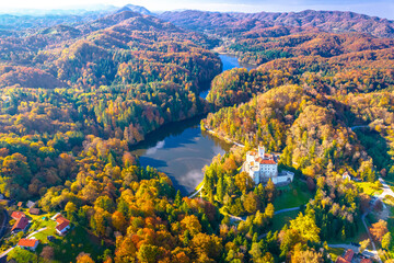 Trakoscan lake and castle aerial panoramic autumn view