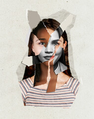 Contemporary art collage. Modern design. Female head made from women's faces of different...