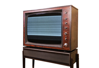 Old vintage TV with noise on the screen isolated on white background. Side view.