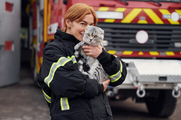 Coneption of animal care. Beautiful scottish fold cat in hands. Woman firefighter in uniform is at work in department