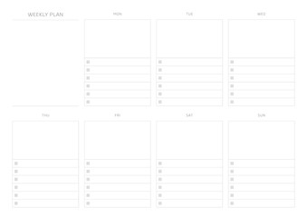 A weekly plan design template in a modern, simple, and minimalist style. Note, scheduler, diary, calendar, planner document template illustration.