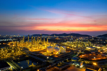 Aerial view of Oil refinery, Oil Industry at sunset.