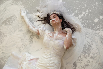 upper body of a beautiful sexy young artistically abstract painted woman, bride, in wedding dress,...