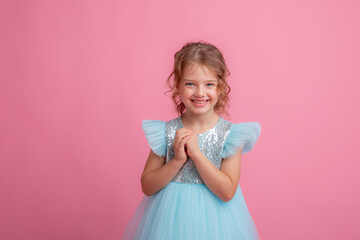 little girl pink background, beautiful princess dress

