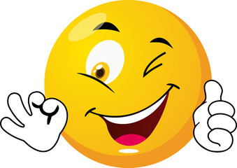 Funny emotions with thumbs up. Joy on the face. Good cartoon face. PNG