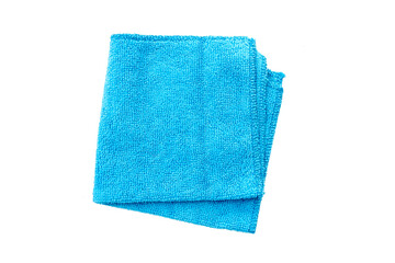 Folded blue rag for housework with soft texture isolated on white, top view.