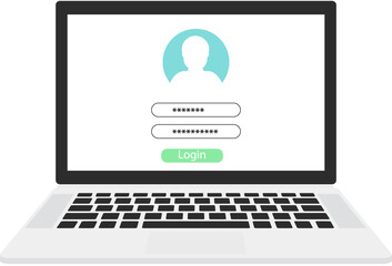 Laptop with login page form on screen. Png illustration. Flat style laptop