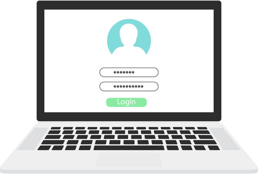 Laptop with login page form on screen. Png illustration. Flat style laptop