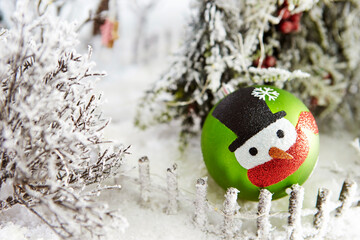 Christmas ball decorations and artificial snow