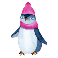 A penguin with big eyes in a hat and scarf. Watercolor Christmas illustration, isolated on transparent background. For Christmas design, web design, postcard design.
