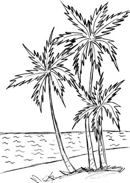 Black graphic image of a beach with palm trees on a white background