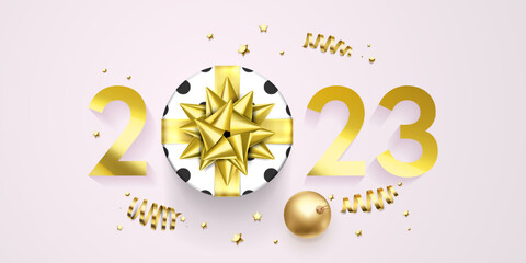 2023 New Year gold lettering on glittering background. Vector New Year Eve sparkle shine 2023 and flare glow background with golden confetti
