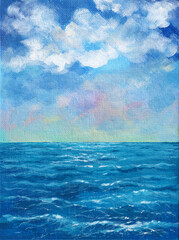 Seascape with acrylic paints on canvas in blue tones. Artistic calm sea and gentle clouds. Hand drawn color illustration of scenic nature view. Painting for poster, background for card, print, cover