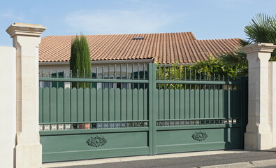 Portail métallique vert d'une maison